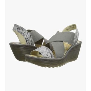 Fly London Yagi Elastic Leather Low Wedge‎ Snake-print Sandal Grey Size 39